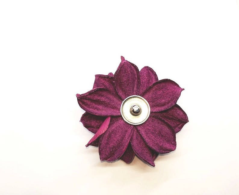 Snap charm GENUINE fuchsia leather rose flower on a snap bracelet or a snap necklace Unique snap jewelry Leather flower snap buttons image 3