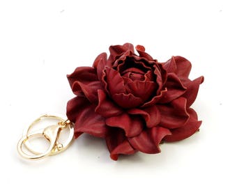 Red Leather Flower Purse Charm: Folding Bag Hanger, Gold Hardware