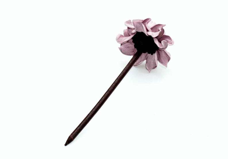 Wooden floral hair stick handmade hair jewelry accessory natural wood hair fork 7 flower hairfork genuine leather pink lilac rose piece
