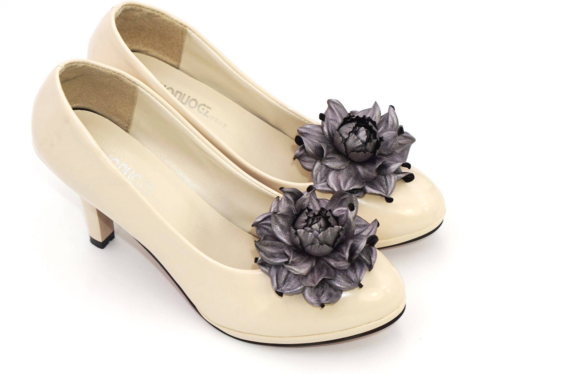 Real LEATHER flower SHOE CLIPS metallic silver rose floral Etsy