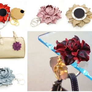 Make Your Own 2in1 Table Purse Hanger Hook / Flower BAG CHARM: Folding table bag hanger holder, purse hook & leather rose flower purse charm