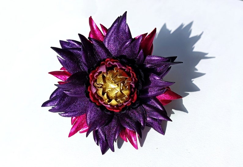 Exclusive Metallic Purple Violet Leather Dahlia flower brooch pin OR Bag Charm OR Hair Clip/Barrette Dahlia Ukrainian Handmade Jewelry image 2