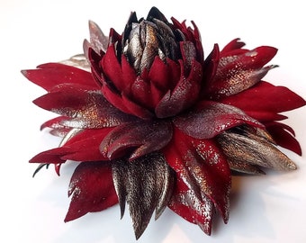 Exclusive Red & Silver Suede Leather Dahlia flower brooch pin OR Bag Charm| Sangria Red and Dark Silver Leather Flower| Jewelry from Ukraine