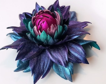 Exclusive Sapphire Blue Violet Leather Dahlia flower brooch pin OR Bag Charm OR Chameleon Blue Hair Clip/Barrette Dahlia| Ukrainian Handmade