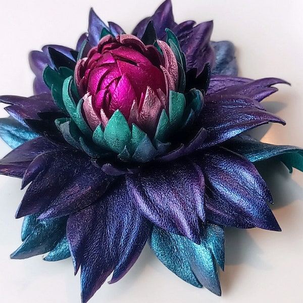 Exclusive Sapphire Blue Violet Leather Dahlia flower brooch pin OR Bag Charm OR Chameleon Blue Hair Clip/Barrette Dahlia| Ukrainian Handmade