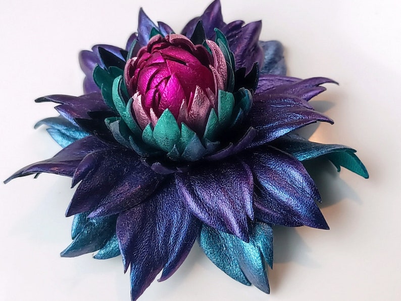 Exclusive Sapphire Blue Violet Leather Dahlia flower brooch pin OR Bag Charm OR Chameleon Blue Hair Clip/Barrette Dahlia Ukrainian Handmade image 1