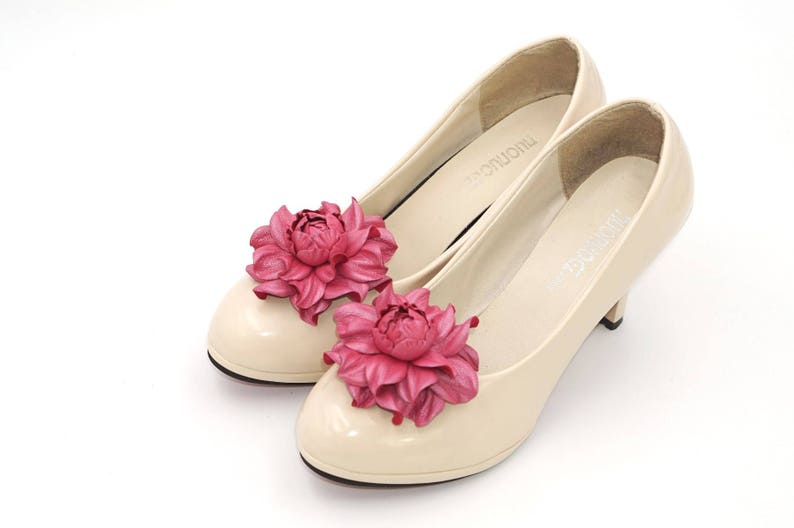 Shoe clips Genuine Leather Flower SHOE CLIPS, pearly pink leather rose floral shoe decoration, pumps flowers, shoe jewelry, shoe jewellery image 2