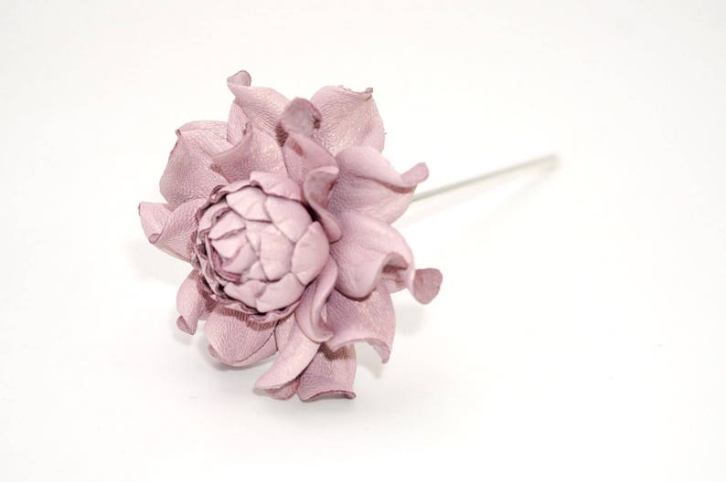 Metal floral hair stick 4 w flower genuine leather light purple rose 2 thin metal hair fork|Pink Hair flower|1 prong hair piece accessory
