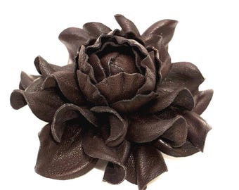 Bitter Chocolate Leather Rose – Handmade Flower Brooch or Bag Charm