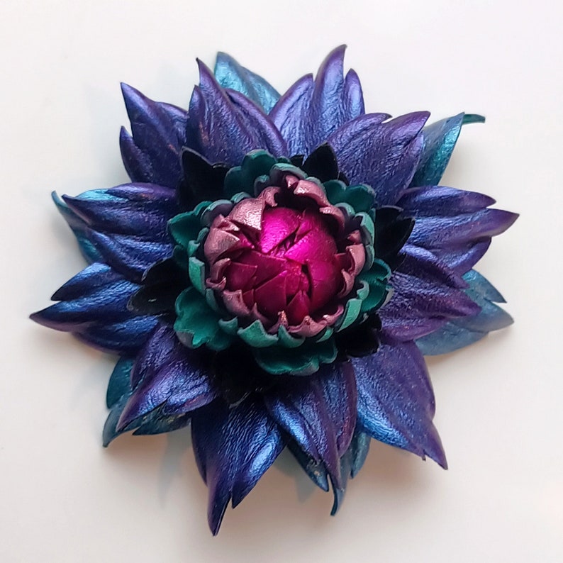 Exclusive Sapphire Blue Violet Leather Dahlia flower brooch pin OR Bag Charm OR Chameleon Blue Hair Clip/Barrette Dahlia Ukrainian Handmade image 5