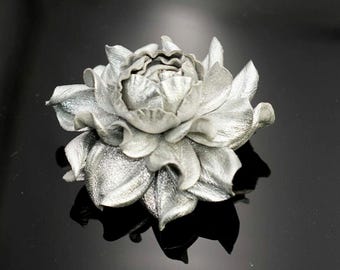 Silver Leather flower brooch pin OR Silver Leather Flower Bag Charm -  Genuine Leather Jewelry from Ukraine