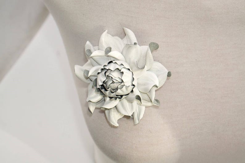 100% Genuine milk white leather flower brooch, white rose 3 brooch pin, good for outerwear, dress flower Unique handmade leather jewelry image 4