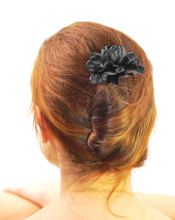 Black Leather Rose Hair Stick, Goth Hair Flower, Wood Pin - Etsy display picture 2