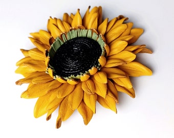 Big Leather Sunflower Bag Charm OR Genuine Yellow Leather Sun Flower Brooch,  Hair barrette comb, Symbol of Ukraine|Leather Anniversary Gift