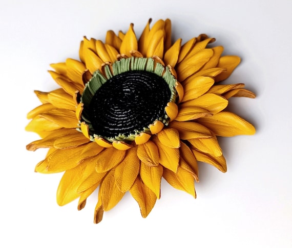 Upcycled Leather Sunflower Bag Charm, Handmade Yellow Flower tassel or brooch