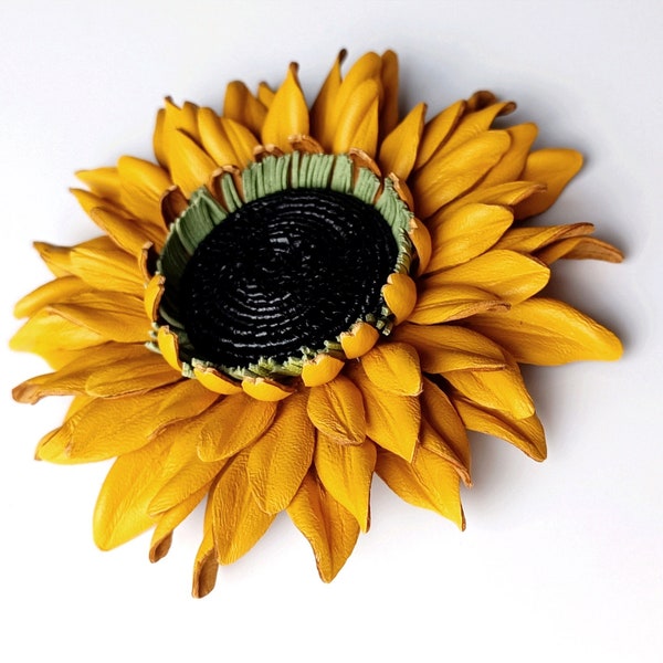 Statement Jewelry: Real Leather Sunflower Bag Charm, Yellow Flower Brooch,  Artisan Accessory