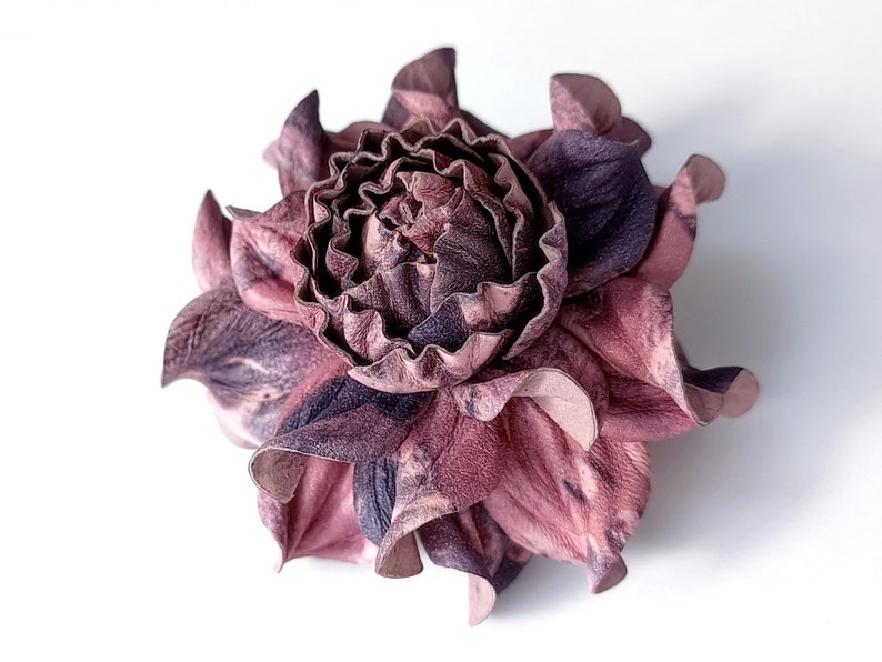 EXCLUSIVE Real Matte Pink Lilac Violet Leather Flower Bag Charm 3.5 OR Rose in Pinks and Purples Brooch, Leather Anniversary Gift For Her image 5