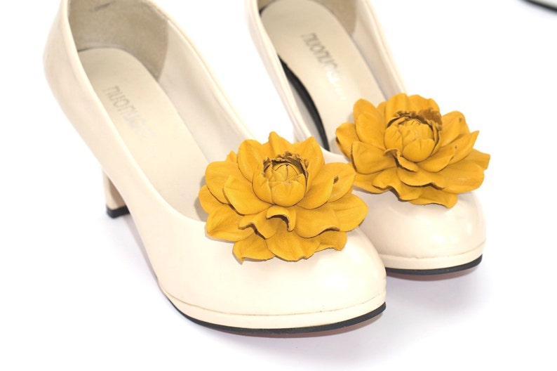 Genuine LEATHER SHOE CLIPS flowers, bright yellow rose shoe decoration, floral wedding bridal shoe jewelry Handmade shoe flowers, Ukranie image 1