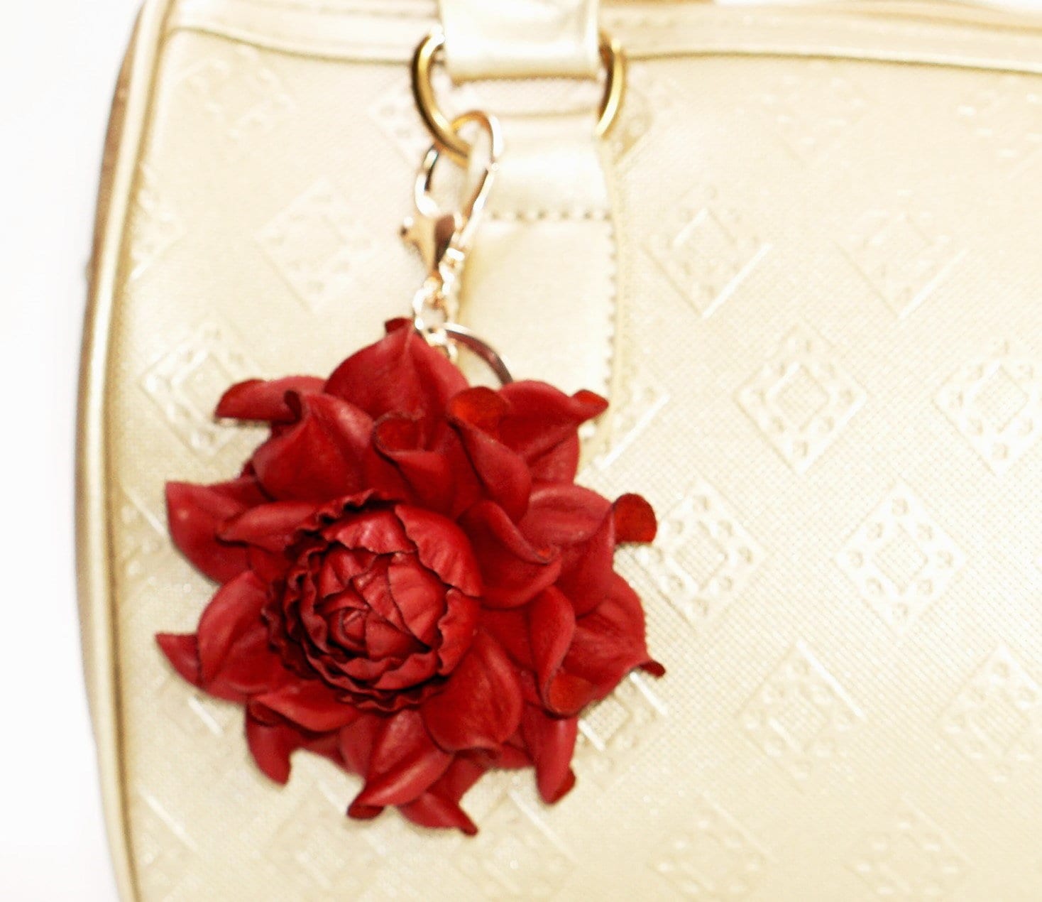 Genuine Red Leather Flower Bag Charm 3 Bright Red Rose Etsy