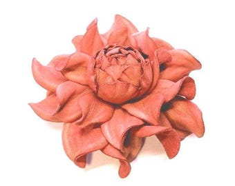 Handmade Coral Leather Flower: Brooch, Bag Charm, Table Hook