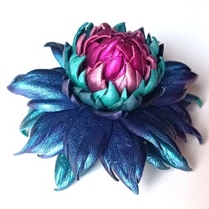 Exclusive Sapphire Blue Violet Leather Dahlia flower brooch pin OR Bag Charm OR Chameleon Blue Hair Clip/Barrette Dahlia Ukrainian Handmade image 4