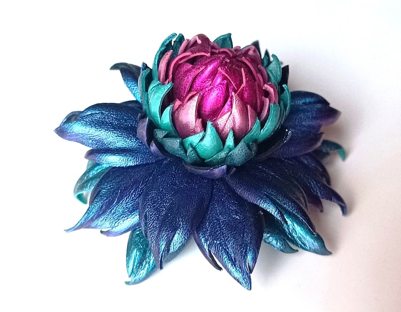 Exclusive Sapphire Blue Violet Leather Dahlia flower brooch pin OR Bag Charm OR Chameleon Blue Hair Clip/Barrette Dahlia Ukrainian Handmade image 4