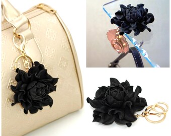 2 in 1 : Table BAG hanger hook + Flower BAG CHARM|Black rose purse pendant, handbag folding table holder hook|Bag rose 3", gold hardware