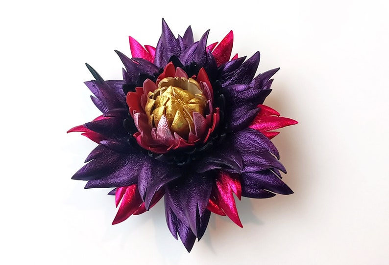 Exclusive Metallic Purple Violet Leather Dahlia flower brooch pin OR Bag Charm OR Hair Clip/Barrette Dahlia Ukrainian Handmade Jewelry image 5