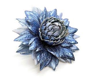 Blue Leather Dahlia Brooch: Metallic Denim Flower Pin, Bag Charm, Hair Clip