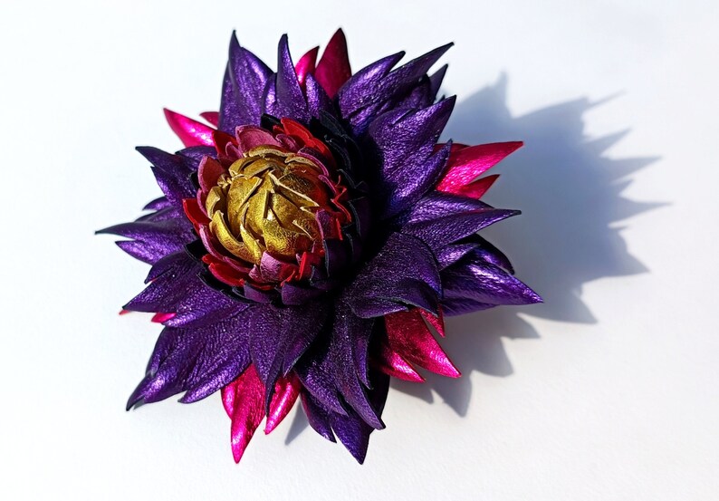 Exclusive Metallic Purple Violet Leather Dahlia flower brooch pin OR Bag Charm OR Hair Clip/Barrette Dahlia Ukrainian Handmade Jewelry image 6