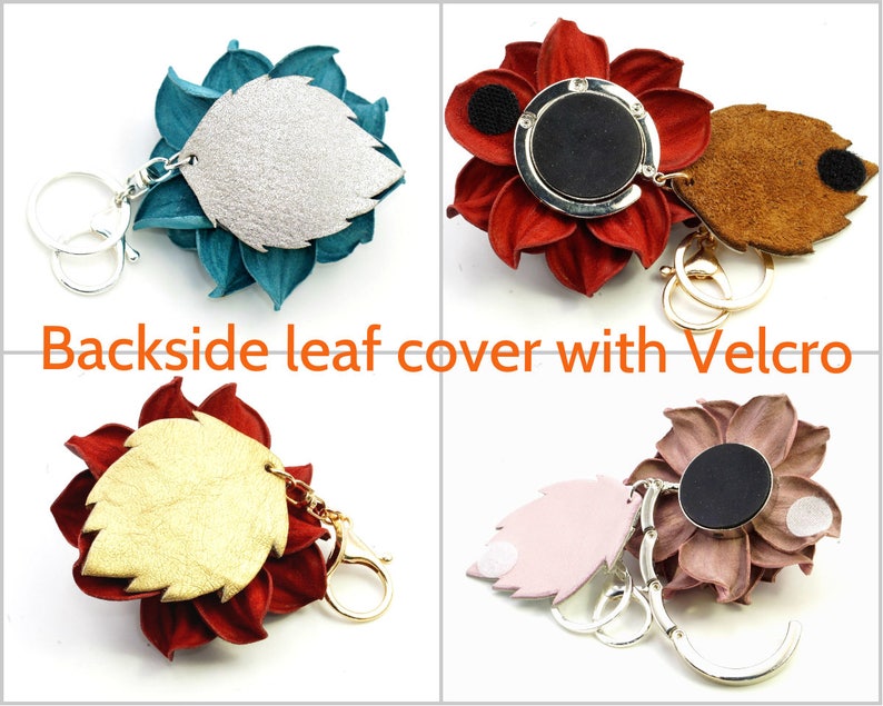 May include: A collection of flower-shaped keychains in various colors, including teal, red, and mauve. Each keychain features a leaf-shaped backing with Velcro and a metal clasp. The text "Backside leaf cover with Velcro" is visible.
