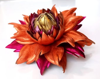 Exclusive Metallic Orange Leather Dahlia flower brooch pin OR Bag Charm OR Hair Clip/Barrette Hot Orange Dahlia| Ukrainian Handmade Jewelry