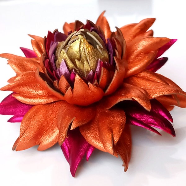 Exclusive Metallic Orange Leather Dahlia flower brooch pin OR Bag Charm OR Hair Clip/Barrette Hot Orange Dahlia| Ukrainian Handmade Jewelry