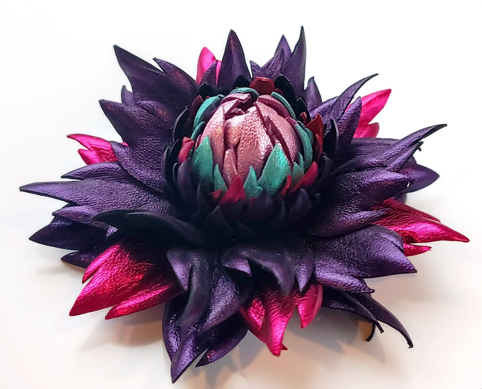 Exclusive Metallic Purple Violet Leather Dahlia flower brooch pin OR Bag Charm| Leather Flower Purse Charm | Leather Floral Jewelry, Ukraine