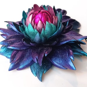 Exclusive Sapphire Blue Violet Leather Dahlia flower brooch pin OR Bag Charm OR Chameleon Blue Hair Clip/Barrette Dahlia Ukrainian Handmade image 8