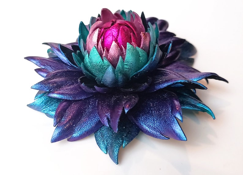 Exclusive Sapphire Blue Violet Leather Dahlia flower brooch pin OR Bag Charm OR Chameleon Blue Hair Clip/Barrette Dahlia Ukrainian Handmade image 8