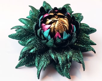 Exclusive Metallic Scaly Green Leather Dahlia flower Brooch OR Flower Bag Charm Bright Emerald  Green Dahlia| Ukrainian Handmade