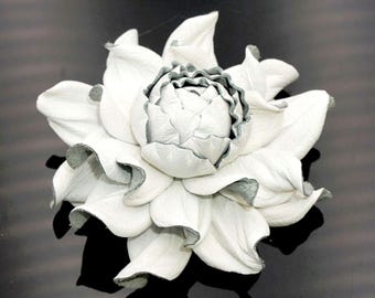Handmade Leather Rose Brooch: White Flower Bag Charm, Purse Hook