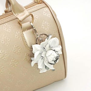 2 in 1 :  Purse Hanger Hook + Snow white Flower BAG CHARM | Leather White Rose Handbag Charm, Folding Table Purse Hook Holder on keychain