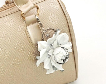 Leather Rose Purse Hanger: White Flower Bag Charm Keychain