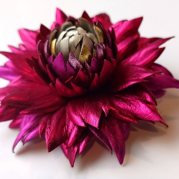 Exclusive Metallic Raspberry Leather Dahlia flower brooch pin OR Bag Charm OR Hair Clip/Barrette Hot Pink Dahlia| Ukrainian Handmade Jewelry