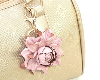 Leather Rose Bag Charm: Handmade Pink Flower Purse Clip