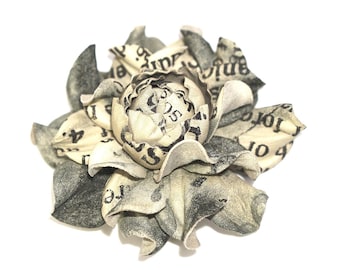 Leather Rose Brooch: Upcycled Newspaper Design, Handmade Flower Charm