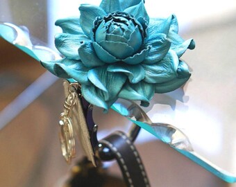 Leather Flower Purse Hanger: Turquoise Rose Bag Charm & Folding Hook
