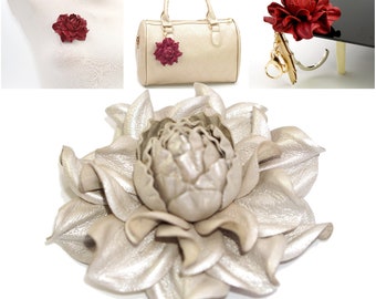 Leather Flowers  - Make Own Custom Gift Pearly Flower Bag Charm/Rose Brooch/Table Purse Folding Hanger Holder Tabletop Hook Charm