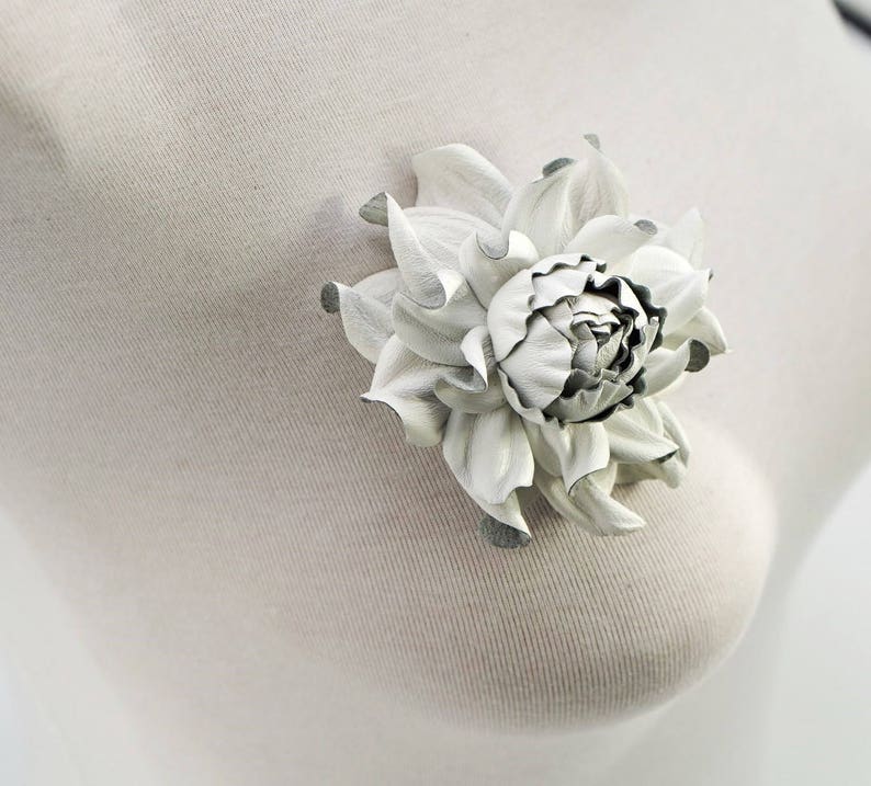 100% Genuine milk white leather flower brooch, white rose 3 brooch pin, good for outerwear, dress flower Unique handmade leather jewelry image 6