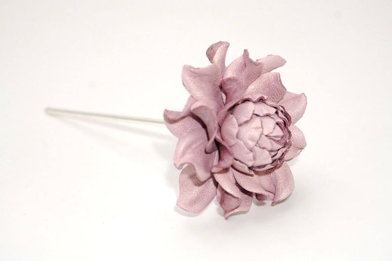Metal floral hair stick 4 w flower genuine leather light purple rose 2 thin metal hair fork|Pink Hair flower|1 prong hair piece accessory