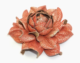Leather Flowers  - Make Own Custom Gift Coral Gold Flower Bag Charm/Rose Brooch/Table Purse Folding Hanger Holder Tabletop Hook Charm