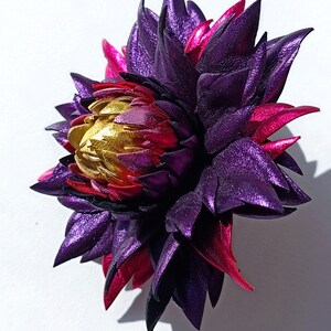 Exclusive Metallic Purple Violet Leather Dahlia flower brooch pin OR Bag Charm OR Hair Clip/Barrette Dahlia Ukrainian Handmade Jewelry image 3