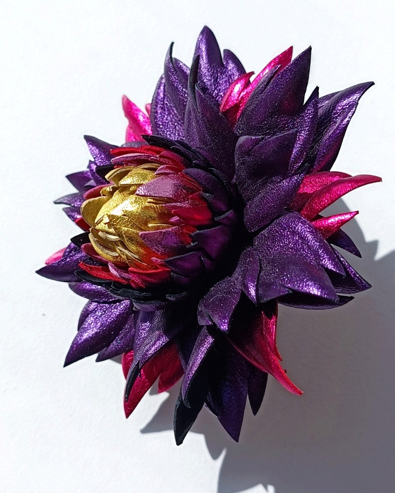 Exclusive Metallic Purple Violet Leather Dahlia flower brooch pin OR Bag Charm OR Hair Clip/Barrette Dahlia Ukrainian Handmade Jewelry image 3